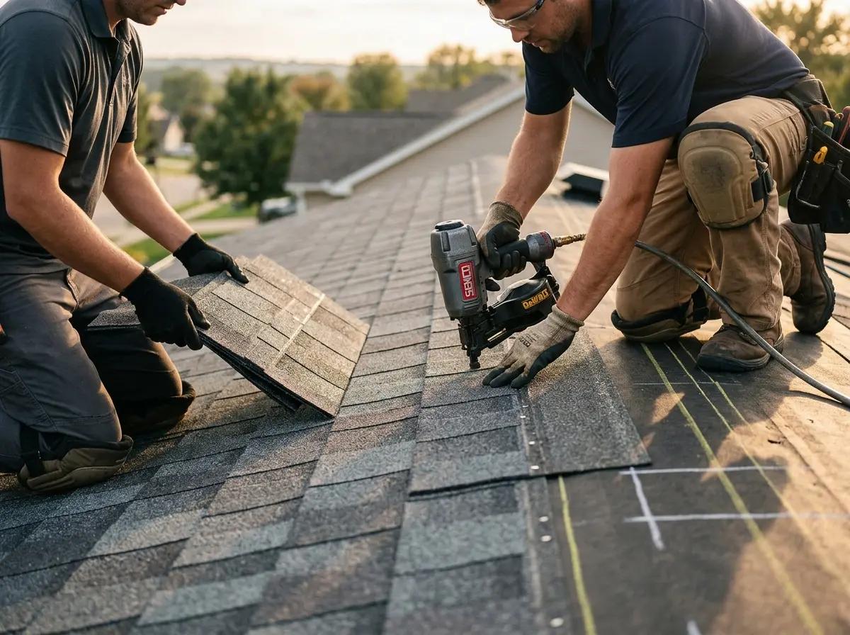 Professional roofer working on a residential roof in St. Joseph